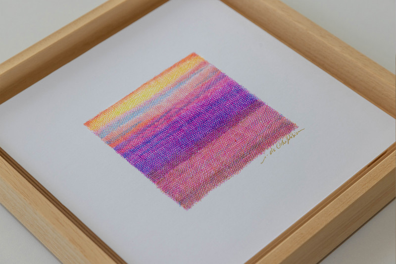 Détail: encadrement dans une caisse américaine I Crépuscule VI, 2026 - Stylos a bille BIC sur papier - 20x20 cm - Inès de Chefdebien